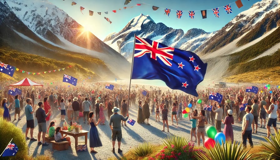 DALL·E 2025-01-13 11.50.12 - A photorealistic depiction of a lively celebration at an iconic New Zealand location, Mount Cook. A person holding a New Zealand flag is prominently i